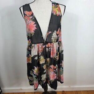 Maeve Anthropology  Floral Babydoll Tunic Women Small P Black Sheer Lace V-Neck